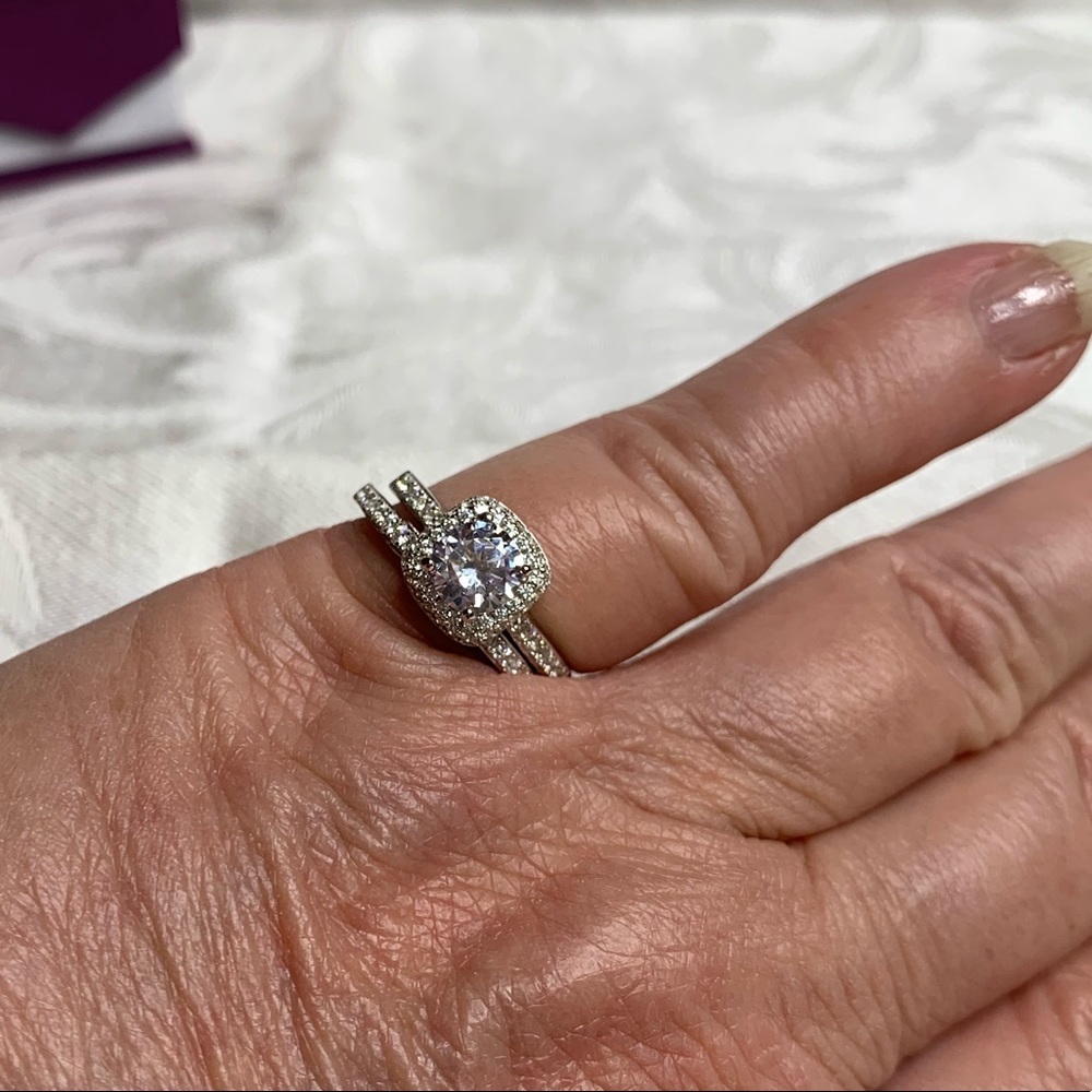 Bridal Set-CZ Diamond Halo Design 925 Silver - Picture 7 of 11